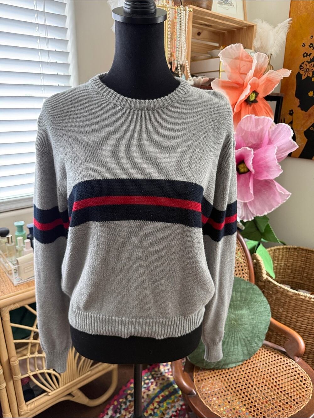 Brandy Melville Gray Striped Scandi Coastal Nantucket Preppy Cashmere Sweater